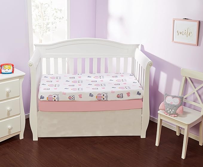 Everyday Kids 2 Pack Fitted Girls Crib Sheet, 100% Soft Breathable Microfiber Baby Sheet, Fits Standard Size Crib Mattress 28in x 52in, Nursery Sheet - Sweet Owls/Pink