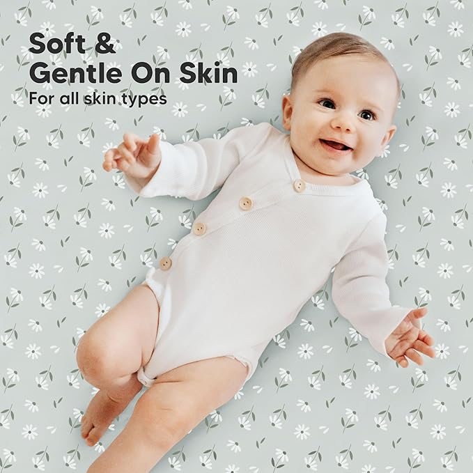2-Pack Mini Crib Sheets Fitted - 38x26 Pack N Play Sheets for Pack and Play Mattress, Organic Cotton, Soft & Breathable Playard Bedding, Neutral Mini Toddler Bed Cover for Boys, Girls (Daisies)