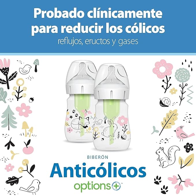 Dr. Brown’s Natural Flow Anti-Colic Options+ Wide-Neck Baby Bottle Designer Edition Bottles, Woodland Decos, 5 oz/150 mL, Level 1 Nipple, 2-Pack, 0m+