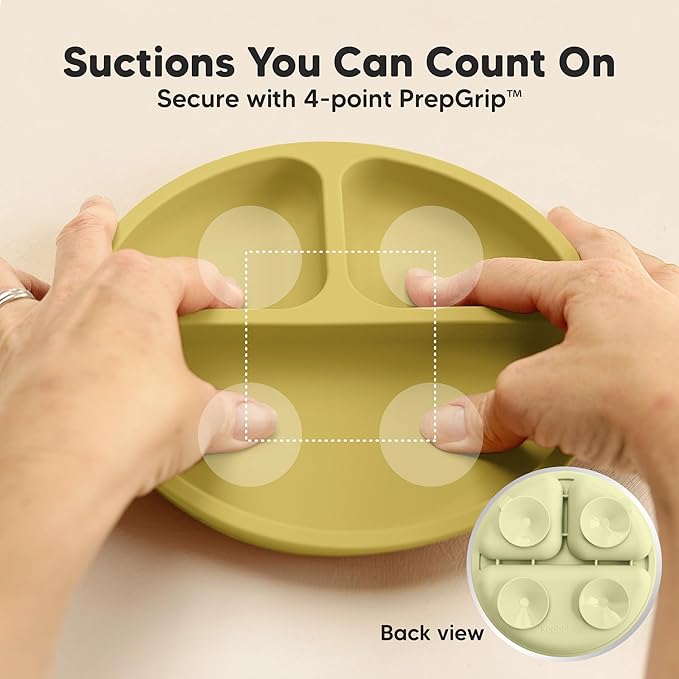 KeaBabies Suction Plates for Baby, Toddler - 3-Pack 100% Silicone Toddler Plates with Suction, Divided, BPA-Free Baby Led Weaning Essentials for Kids, Dishwasher, Microwave Safe, Durable (Olives)