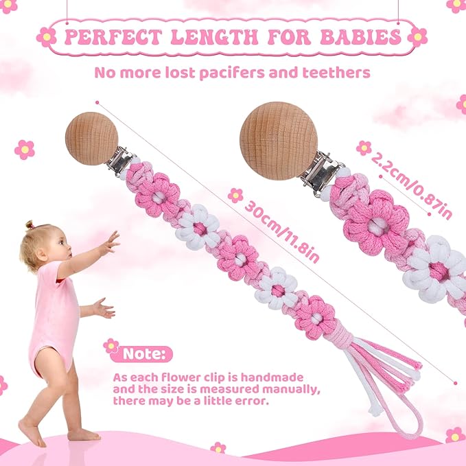 Pacifier Clip for Boys Girls Floral Daisy Macrame Baby Paci Clip Pacifier Holder Leash Boho Wooden Clips Handmade Braided Cotton Binky Clips (1pack:Pink Daisy A)
