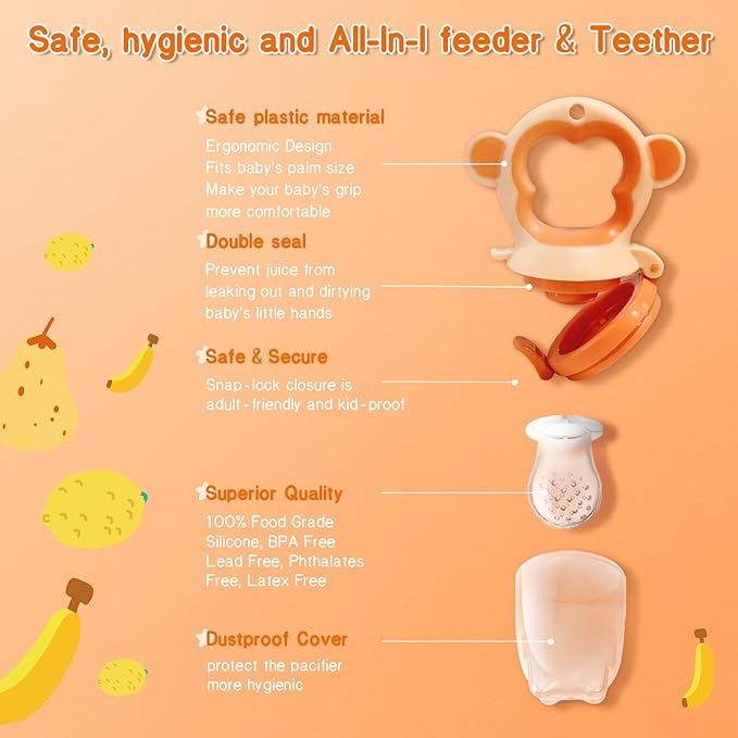 Baby Fruit Food Feeder - Silicone Nibble Tray Combo - Breastmilk Popsicle Mold for Cooling Relief, BPA Free Mesh Feeder for Infant Self Feeding (Monkey Blue Orange + Carrot)
