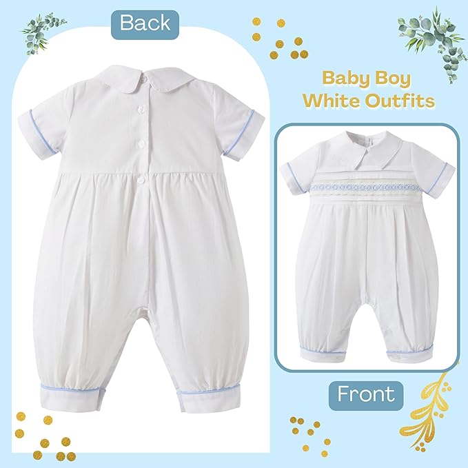 Booulfi Baptism Christening Outfits for Boys Easter White Romper Baby Romper Church Newborn Clothes