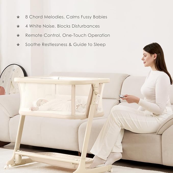 Electric Baby Bassinet Bedside Sleeper with Auto Rocking, Remote/Touch Control, 3 Timer Modes, 12 Sounds, 6 Heights, Storage & Wheels (Beige)