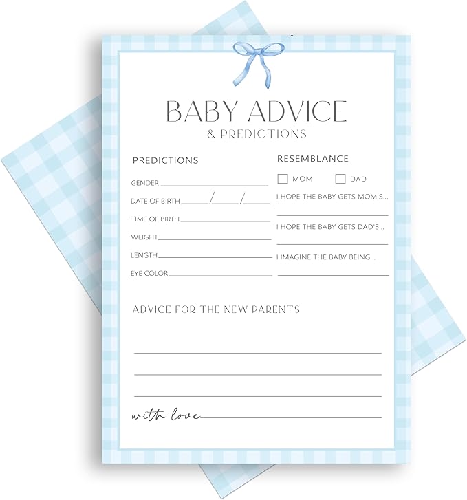 Advice For New Parents Baby Shower, Baby Predictions & Advice Cards For Baby Shower Games Activities, Wishes for Baby, 25 Double-Sided Thick Cards – Blue Bow A01