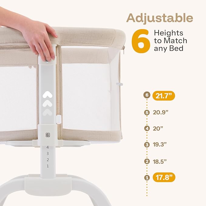 HARPPA Cuddly Bassinet, 2 in 1 Baby Bassinet with Breathable Mesh and Mattress, 6 Height Adjustable, Bedside Sleeper with Anchor Strap, Storage Basket and Wheels, Beige