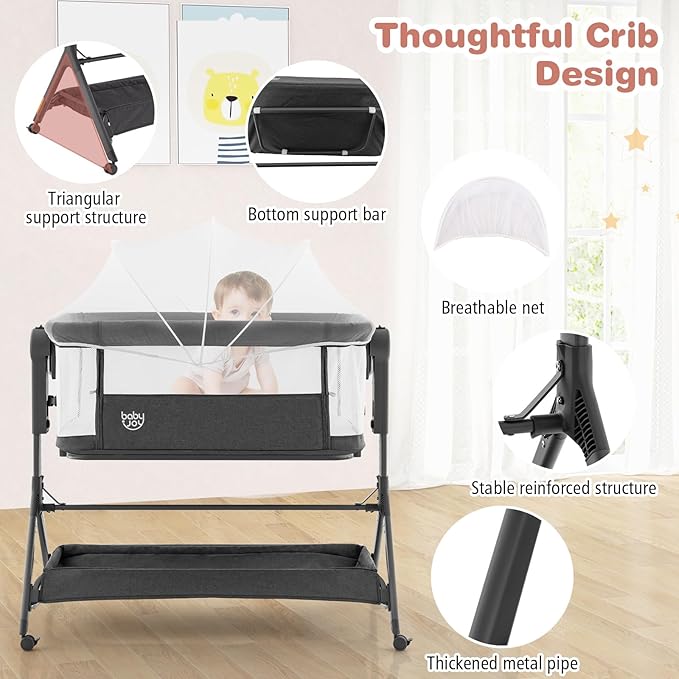 BABY JOY Bassinet, 3 in 1 Rocking Bedside Bassinet w/Storage Basket, Universal Wheels, Adjustable Height, Mattress, Net & Portable Bag, Carriable Crib Baby Bassinets Bedside Sleeper (Gray)