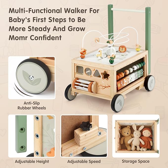 Joyreal Wooden Baby Walker - 9-in-1 Baby Push Walker with Activity Cube, Push Activity Walker for Boys and Girls, Sit-to-Stand Learning Walker Activity Center, Speed & Height Adjustable
