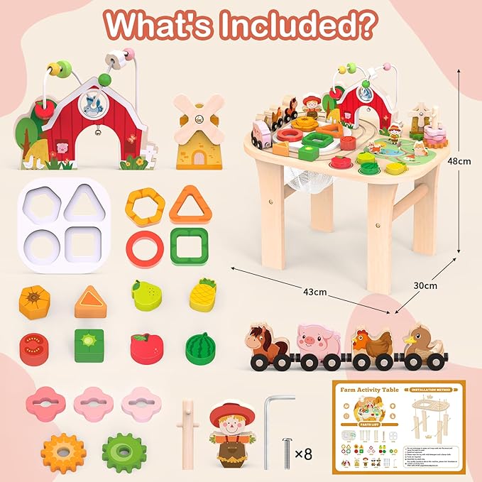 Kids Girls Wooden Farm Activity Table for 1 2 3 Years Old, Montessori Learning Toy with Bead Maze, Shape Sorter & Animal Train, Sensory Development Toy for Toddlers, Educational Gift for Baby