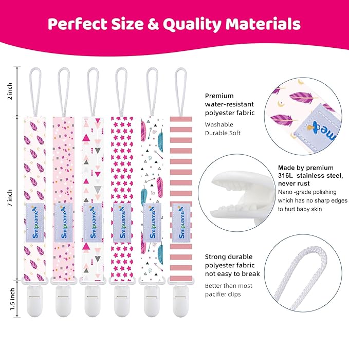 Smlpuame Pacifier Clip Girl,6 Pack Stylish Binky Clips Strap for Baby Girls,Paci Holder with Clip Lightweight Universal Fits Most Pacifiers Teether Toy Teething Ring Soothie,Baby Gifts(Pink)