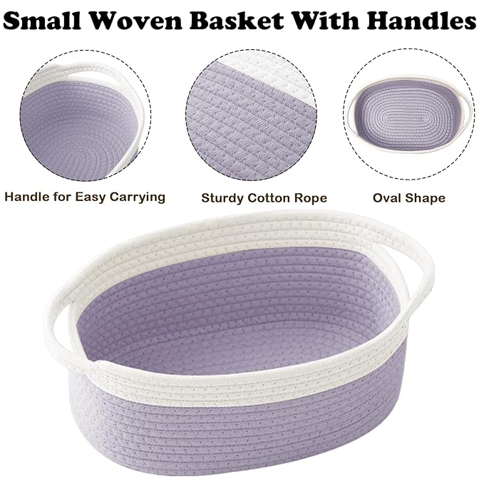 Gift Basket with Gift Bag and Ribbons,Small Rope Woven Shelf Storage,Baskets for Gifts Empty,Birthday,Shower,Decorative Organizer Box for Cat Dog Pet with Handles(White&Purple)