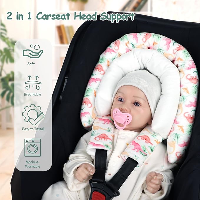 SWESEN Baby Car Seat Head Support, Super Soft 2 in 1 Infant Car Seat Insert, Reversible Newborn Car Seat Insert Cushion with Strap Covers for Strollers, Bouncers, Swing, Dinosaur