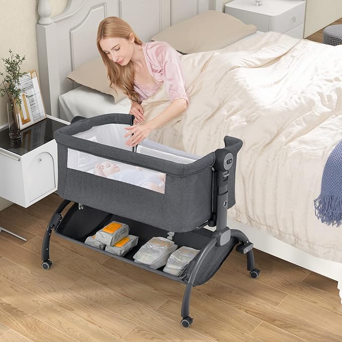 BABY JOY Baby Bassinet, 3-in-1 Rocking Bassinet w/Storage Basket, Double-Lock Design, 7 Adjustable Heights, Soft Mattress & Portable Travel Bag, Bassinet Bedside Sleeper for Newborns Infants (Gray)