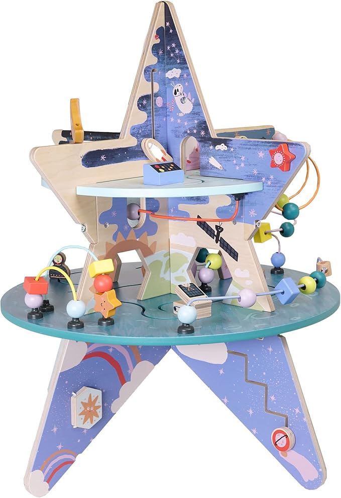 Manhattan Toy Double-Decker Celestial Star Explorer Wooden Activity Center with Shape Gliders, Spinners, Bead Runs and Alluring Artwork
