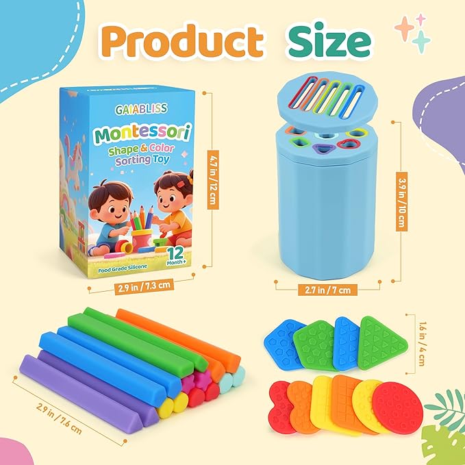Shape & Color Sorting Montessori Baby Toddler Toys for 1 2 3 Years Boys Girls, Silicone Montessori Toys for 1 Year Old, Fine Motor Skills Sensory Toddlers Toy 1 Year Old Girl and Boy Gift, 2 in 1