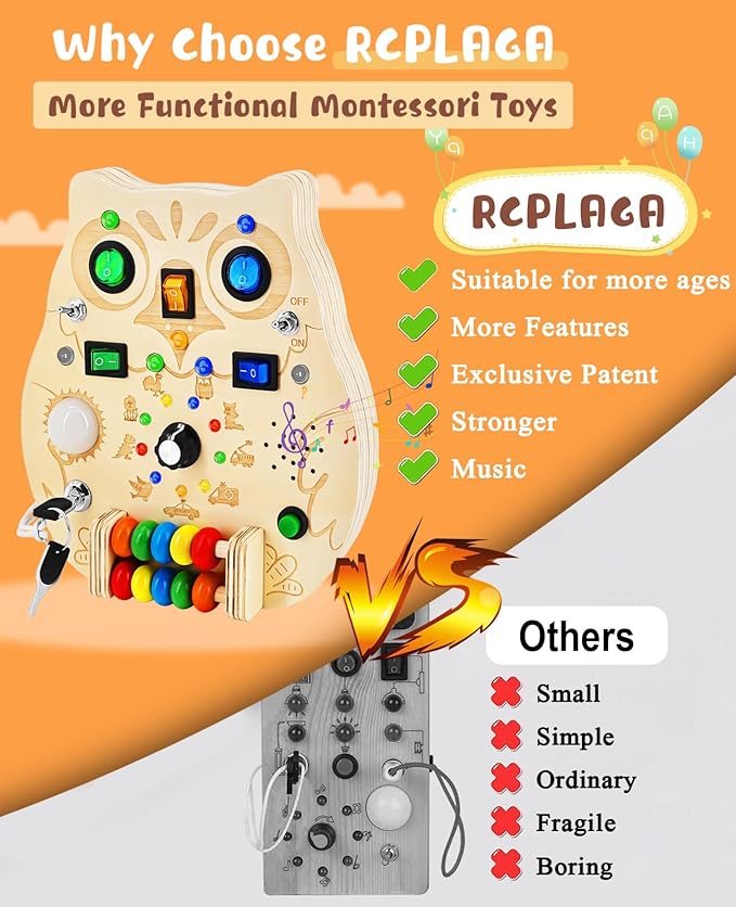 Busy Board Montessori Wooden Sensory Toy with LED Light Switches, Music, Toddler Light Switch Activity Travel Toys for 1 2 3 Year Old Boys Girls Toddler Toys Gifts