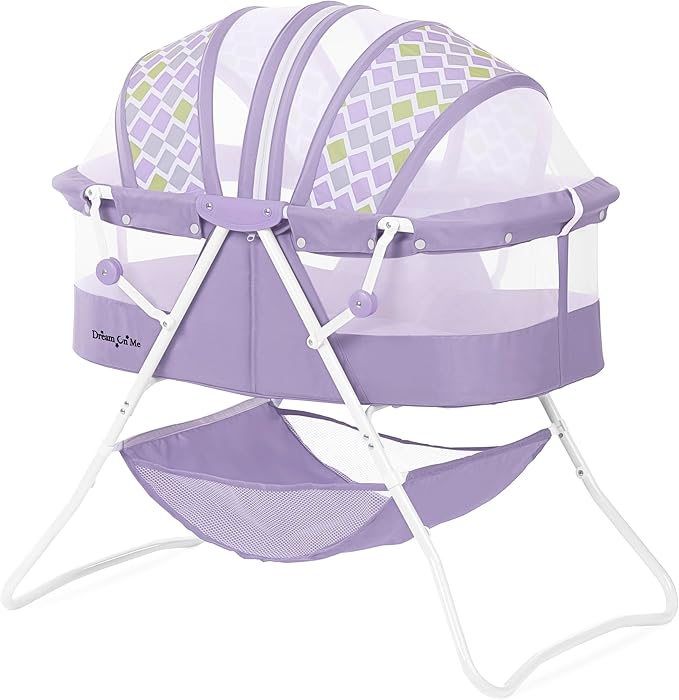 Dream On Me Karley Bassinet in Periwinkle, Lightweight Portable Baby Bassinet, Quick Fold and Easy to Carry , Adjustable Double Canopy, Indoor and Outdoor Bassinet with Large Storage Basket.
