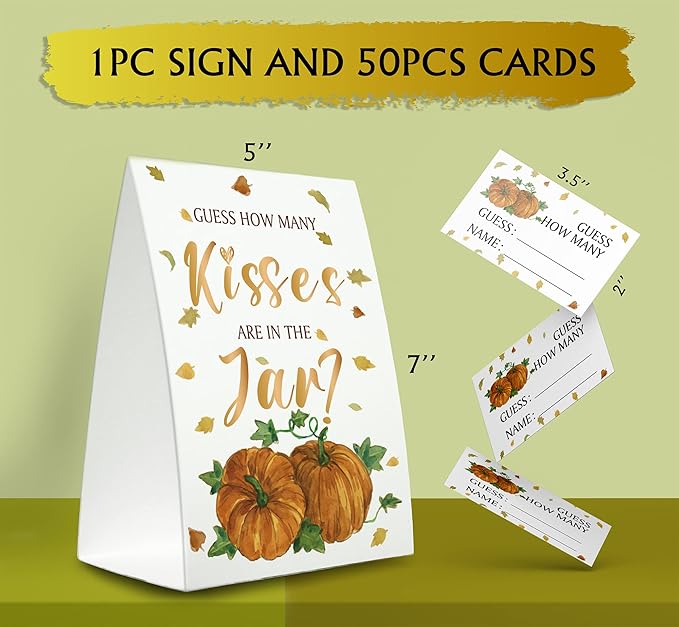 Fall Guess How Many Kisses Are in the Jar (1 Standing Sign + 50 Guessing Cards),Pumpkin Halloween,Bridal Shower Sign,Baby Shower Sign - QJ01