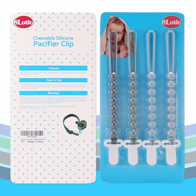 4-Pack Silicone Pacifier Clips with One-Piece Beads for Baby Boys and Girls - Flexible and Rust-Free Holders for Teething Relief and Baby Essentials, Safe for Newborns (Grey)