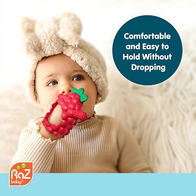 RaZbaby RaZberry Grip Silicone Teether Toy for 3M+ | Drop Resistant Hand Held Teether for Babies and Infants - Designed by Nature with Our Patented BerryBumps Multitextured Design | 3M+, Pink