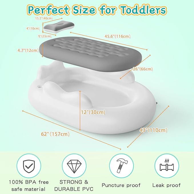 Inflatable Toddler Travel Bed with 3-Sides Blow Up Mattress for Kids Portable Baby Air Mattress with Electric Pump for Home Use, Camping-Grey