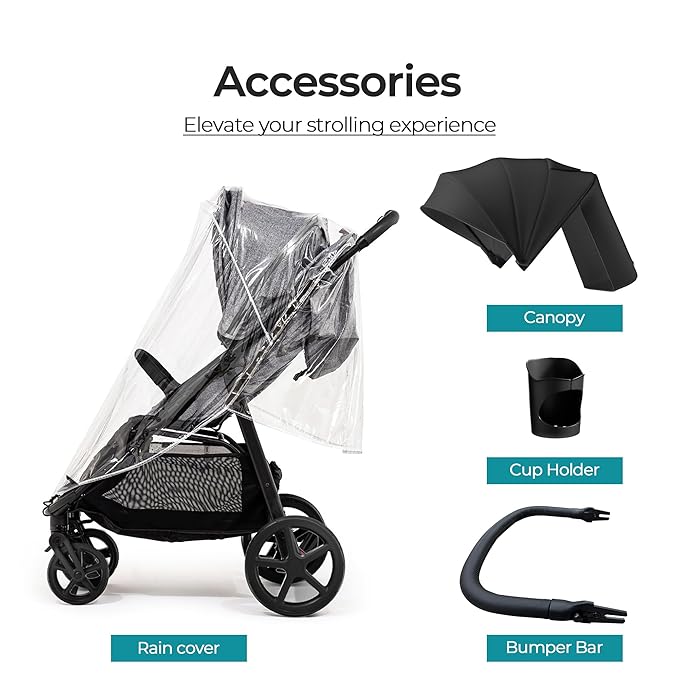 Mompush Nova Baby Stroller for Toddler, Infant & Newborn | Spacious Seat & Lie-Flat Mode | Compact One-Hand Fold, UPF 50+ Canopy & All-Wheel Suspension | Includes Rain Cover & Cup Holder