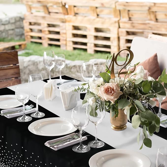 8Pack Disposable Plastic Tablecloths and Satin Table Runner Set Black and Silver Dot Tablecloth Silver Satin Table Runner for Wedding Birthday Baby Shower Anniversary Christmas New Year Party Supply