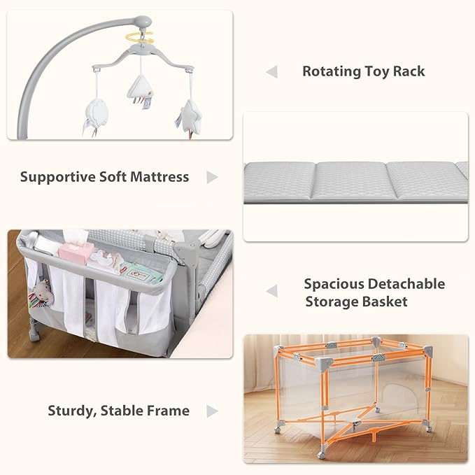 Baby Bassinet Bedside Crib, Pack and Play with Mattress, Diaper Changer, One-Push Setup Playards from Infants to Toddlers (Grey)