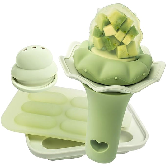 Moonkie Baby Fruit Feeder with Freezer Tray, Breastmilk Popsicle Molds for Teething Relief, BPA Free Silicone Food Feeder for Infant Self Feeding, Two Pouches, Baby Shower Gifts 4 Months+, 1 Pack