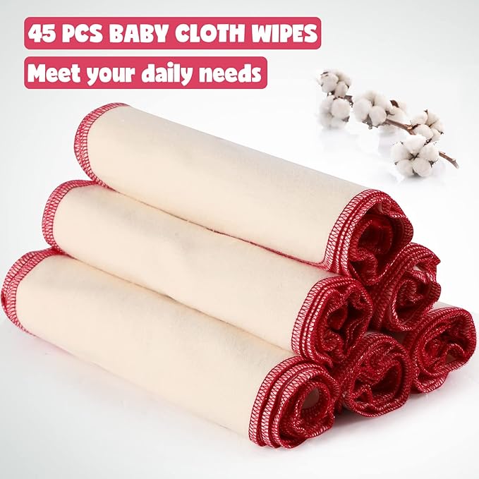 meekoo 45 Pcs Unbleached Flannel Cloth Baby Wipes Reusable Baby Diapers Wipes 8 x 8 Inch Soft and Sturdy Washable Natural Cloth Tissues Outer Stitching(Red)