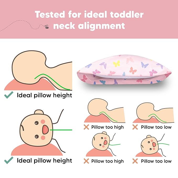 Toddler Pillow with Pillowcase - 13x18 My Little Dreamy Kids Travel Bed Pillows for Sleeping, Organic Cotton Small Pillowcase, Soft & Breathable, Machine Washable, Toddlers 2-5 Years Old (Flutter)