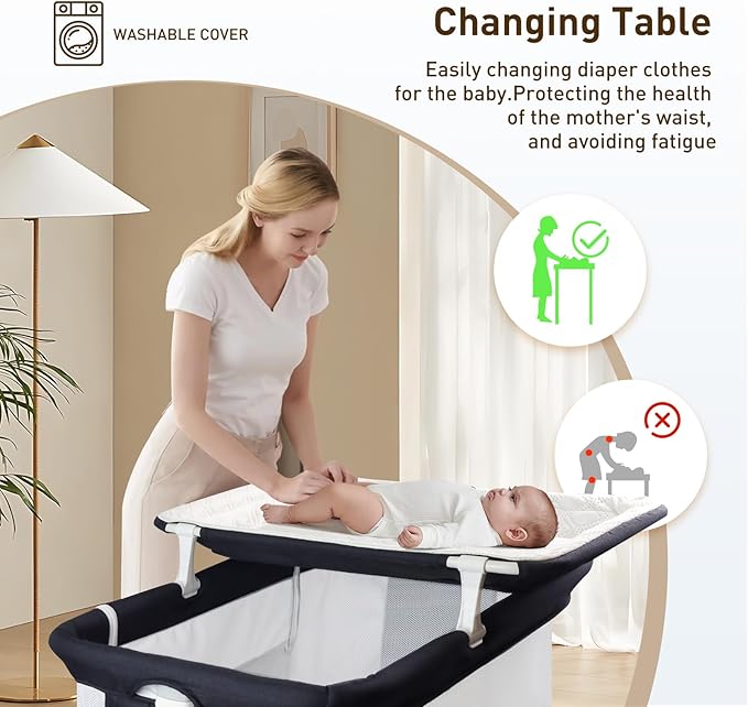 4 in 1 Bedside Bassinet for Baby, Portable Baby Bassinet with Wheels, Baby Crib with Changing Station, Mattress Included and Storage, Foldable Travel Bassinet for Baby/Infant/Newborn - Mesh