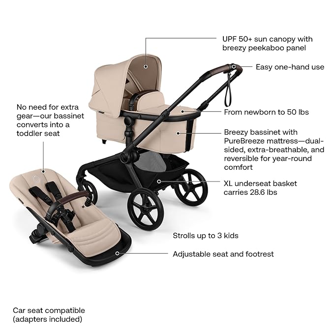 Bugaboo Kangaroo All-Terrain Single-to-Double Tandem Stroller for Infant and Toddler, for Up to Three Kids, XL Wheels, One-Hand Operation, Large Bassinet, XL Underseat Storage (Desert Taupe)