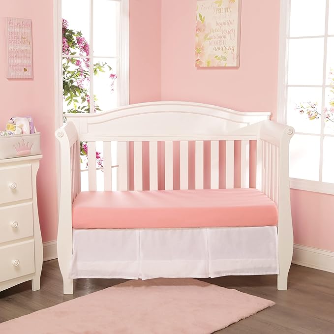 2 Pack Fitted Crib Sheets for Girls in 100% Jersey Knit Cotton – Pink and Yellow Precious Moments Design Plus Solid Pink Girl’s Crib Mattress Sheets by Everyday Kids