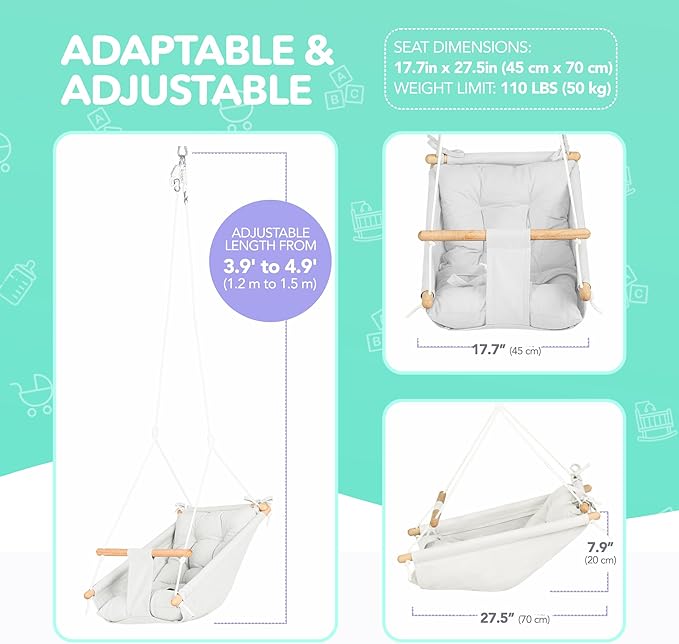 CaTeam Canvas Toddler Swing – Indoor/Outdoor Hanging Chair for Patio & Playroom with Safety Belt – Wooden Baby Seat for Ages 12+ Months – Ivory