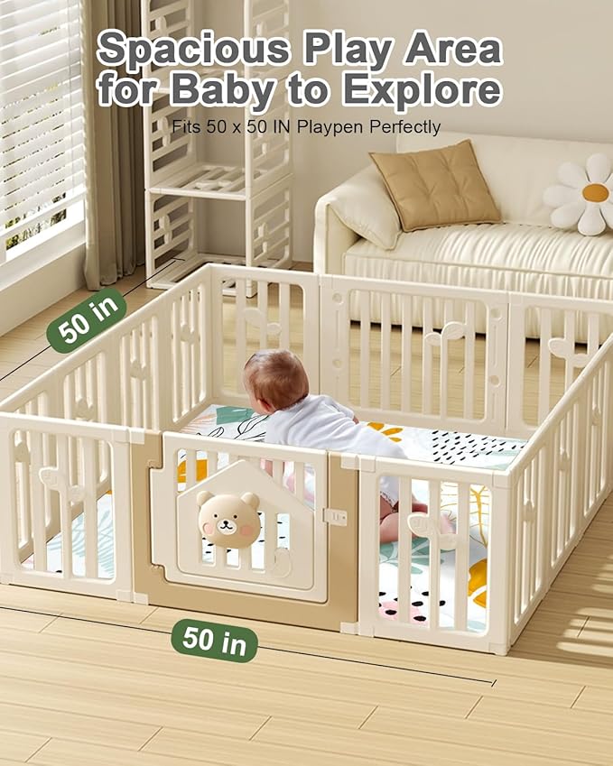 Premium Foam Baby Play Mat 50x50 – Removable & Machine Washable Cover, Extra Thick Padding Playpen Mat, Non-Slip Crawling Mat, Easy to Clean for Infants, Toddlers & Babies