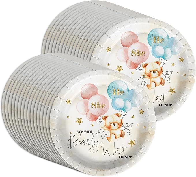 Birthday Galore We Can Bearly Wait Teddy Bear Gender Reveal - 32 Piece Disposable Party Supplies - Bear Gender Reveal Decorations - Round Party Plates - Large 9" Paper Plates In Bulk