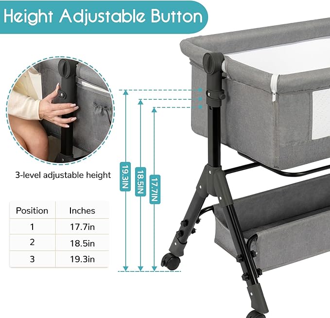 3 in 1 Baby Bassinet Bedside Sleeper, Bedside Crib for Baby, Adjustable Baby Bassinet with Wheels, Storage Basket, Mattress, Easy Assemble & Folding Portable Baby Cradle (Grey)