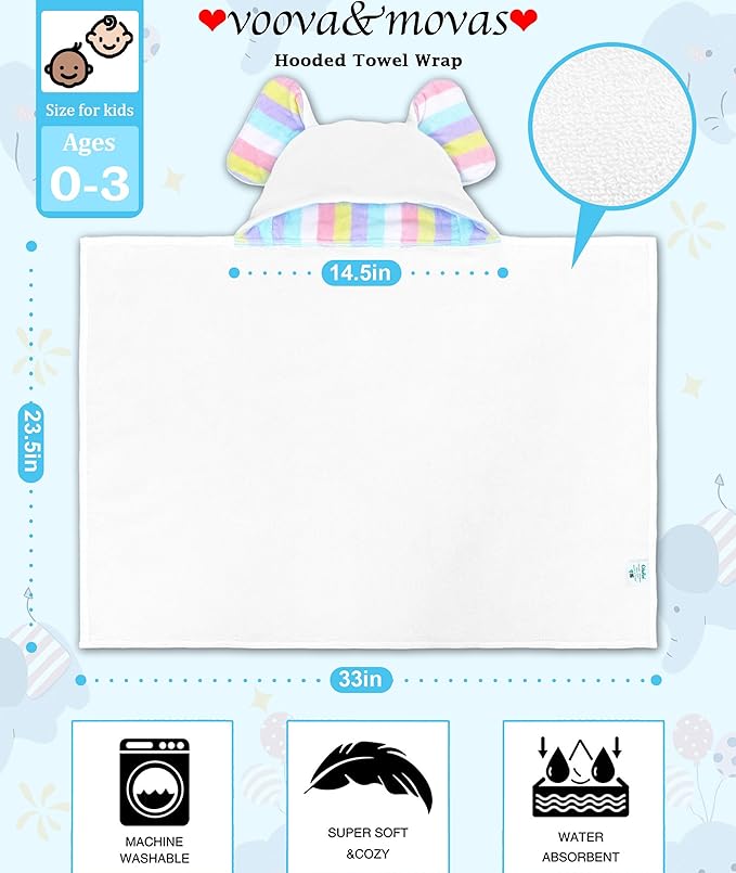 VOOVA & MOVAS Baby Hooded Bath Towel - 100% Cotton, 33x23.5 Inches,0-3Years, Super Absorbent Large Towel with Cute Elephant Ears Hood for Newborn, Baby, Toddler,White