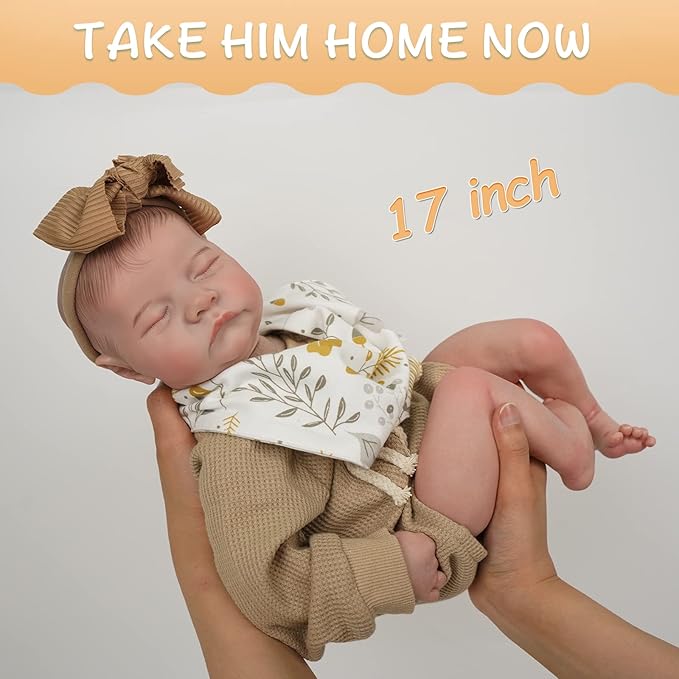 Lifelike Reborn Baby Doll,17 Inch Realistic Reborn Baby Doll,Newborn Baby Dolls Soft Full Vinyl Body Poseable Real Life Baby Dolls with Feeding Kit Gift Box for Kids Age 3+