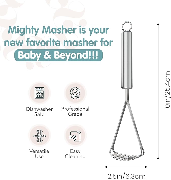 Mighty Masher, Baby Food Masher for Starting Solids Essentials, Baby-Led Weaning Mini Avocado and Potato Masher, Stainless Steel Potato Smasher Tool