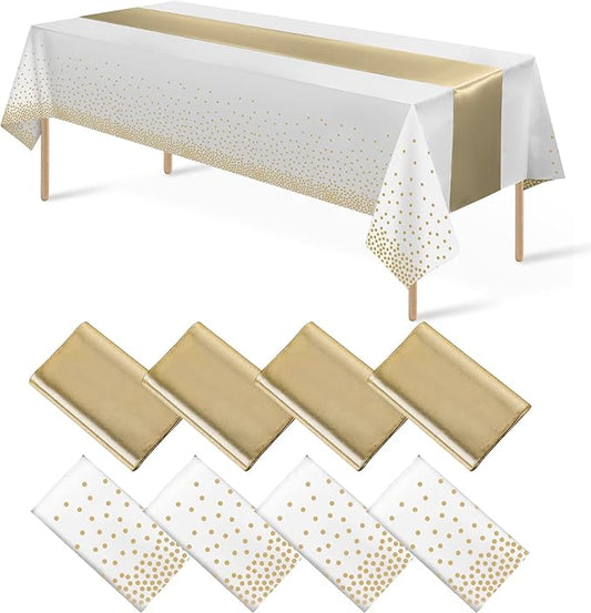 8Pack Disposable Plastic Tablecloths and Satin Table Runner Set White and Gold Dot Tablecloth Gold Satin Table Runner for Wedding Birthday Baby Shower Anniversary Christmas New Year Party Decorations