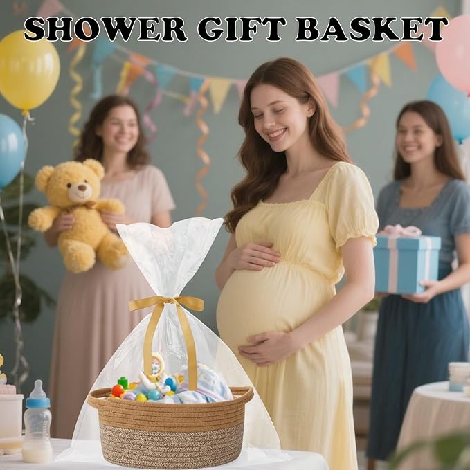 Gift Basket with Gift Bag and Ribbons,Small Rope Woven Shelf Storage,Baskets for Gifts Empty,Birthday,Shower,Decorative Organizer Box for Cat Dog Pet with Handles(Jute&Mixed Brown)
