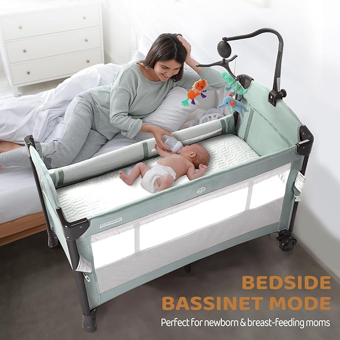 JOYMOR 3 in 1 Baby Bedside Bassinet, Bedside Sleeper with Mattress and Sheet, Convert to Bassinet, Playpen, Foldable Travel Baby Bed, with Toy, Wheels, Brake, Carry Bag