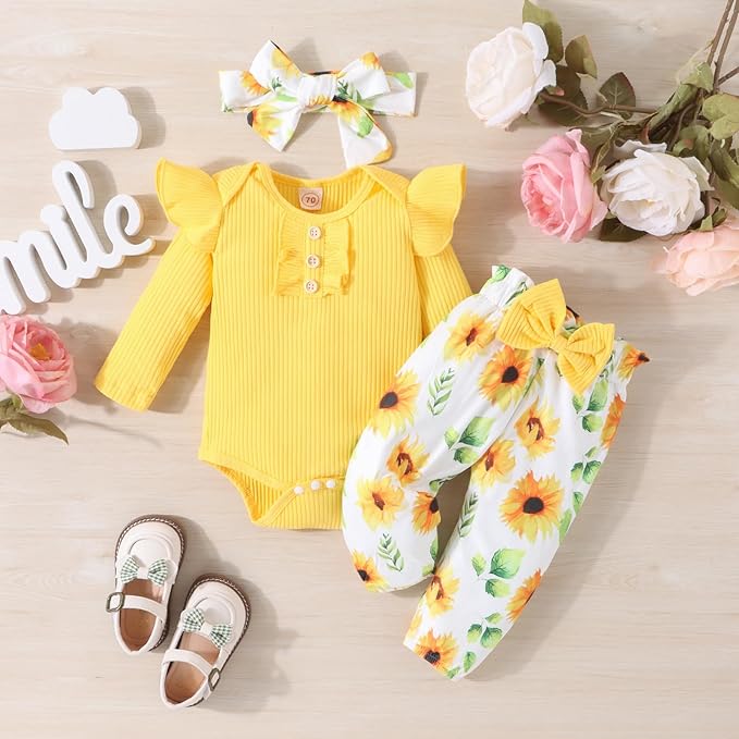 Baby Girl Clothes Newborn Infant Outfits Ruffle Romper+ Floral Pants + Cute Headband Sets for Girls