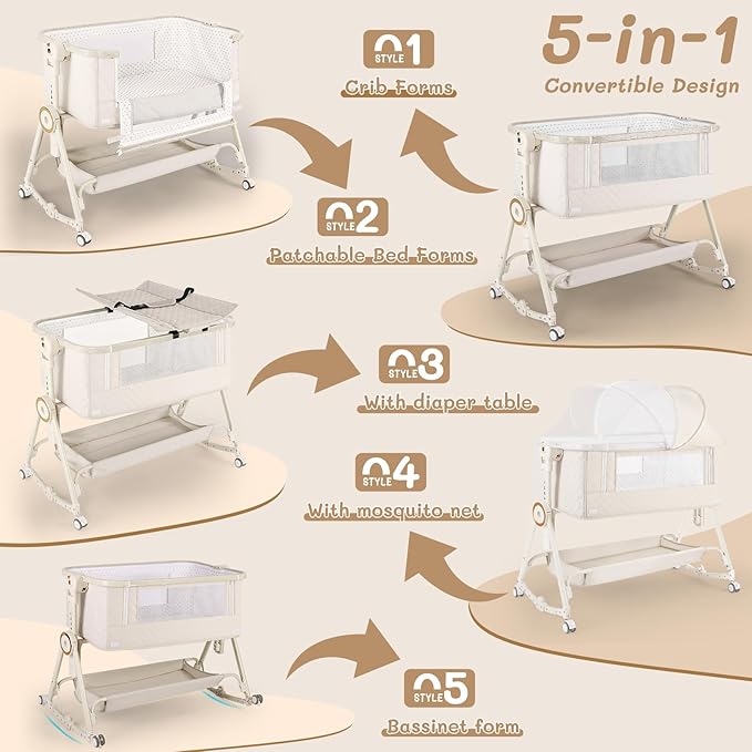 Baby Bassinet 5 in 1,Baby Bedside Bassinet with Diaper Table, Mosquito Net, Mattress, Storage Layer, Can Be Stored in One Button Travel Crib (Beige)