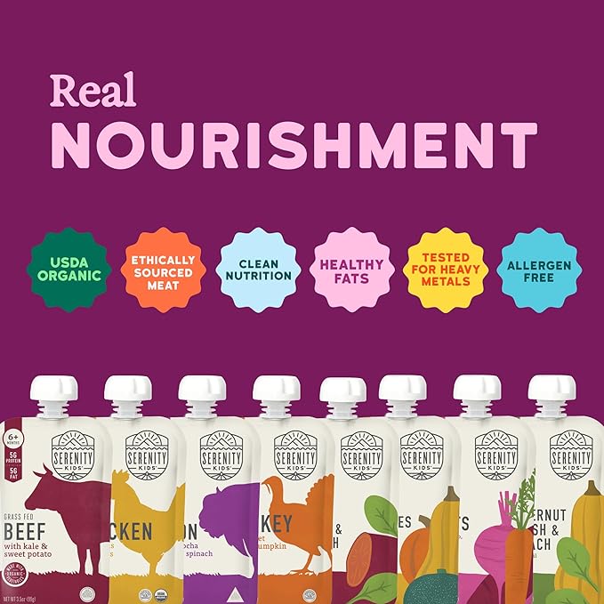 Serenity Kids 6+ Months Meats + Veggies Mixed Baby Food Puree Pouch Variety Pack - No Sugary Fruits or Added Sugar - 3.5 Oz BPA & Allergen Free Pouch- Baby Puree Variety Pack (3.5 Ounce (Pack of 8))