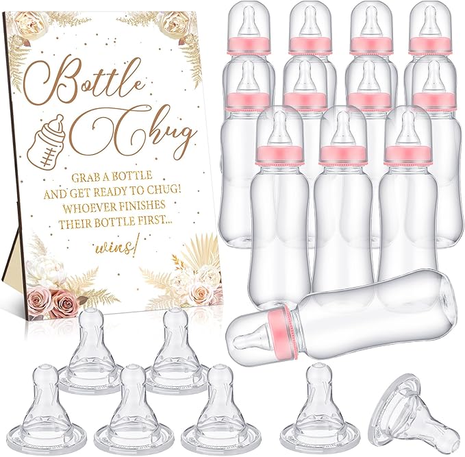 TrelaCo Cool Baby Shower Games Wooden Bottle Chug Sign Boho Theme Gift Sets and 12 Pcs Baby Bottle Shower Favor for Pampas Games Gender Reveal (Boho Pampas)