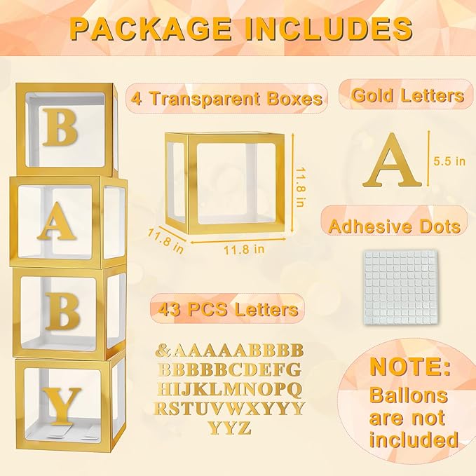 Ledido Gold Baby Boxes with Letters for Baby Shower, 4Pcs Clear Balloon Boxes with 43 Letters for Gender Reveal Birthday Wedding Baby Shower Decorations