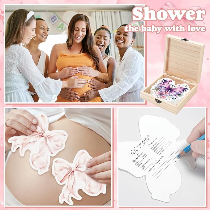 50 Pcs Double Side Pink Bow Baby Predictions & Advice Pink Bow Cards for New Parents Baby Shower Games with Cards Wooden Keepsake Box for Wishes Decorations